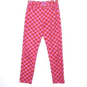 EDIKTED Rory Checkerboard Denim Jean Red Pink High Rise Straight Cut Women's S